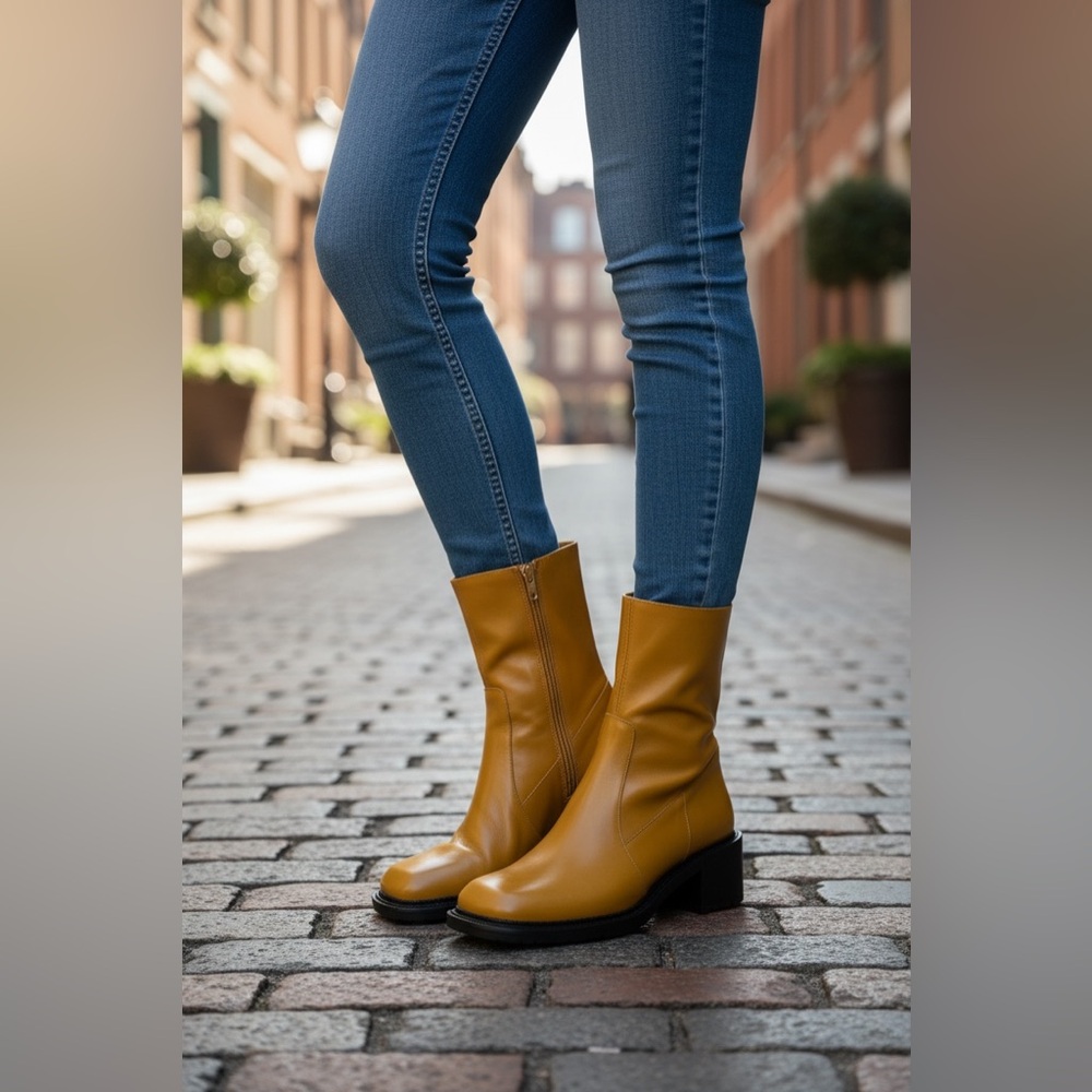 ASOS DESIGN Remi Mustard Yellow Genuine Leather Square Toe Boots Size 7.5
